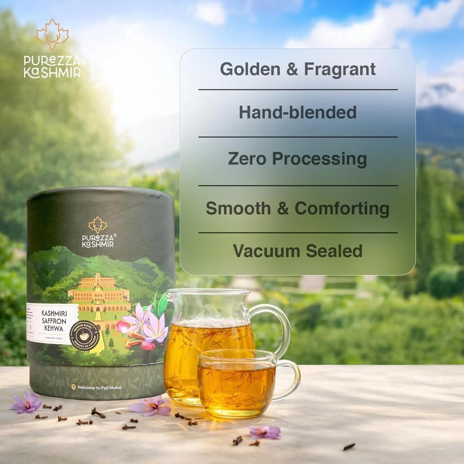 Purezza Kashmiri Saffron Kehwa Loose Leaf Tea 50g | Sugar Free Herbal Green Tea