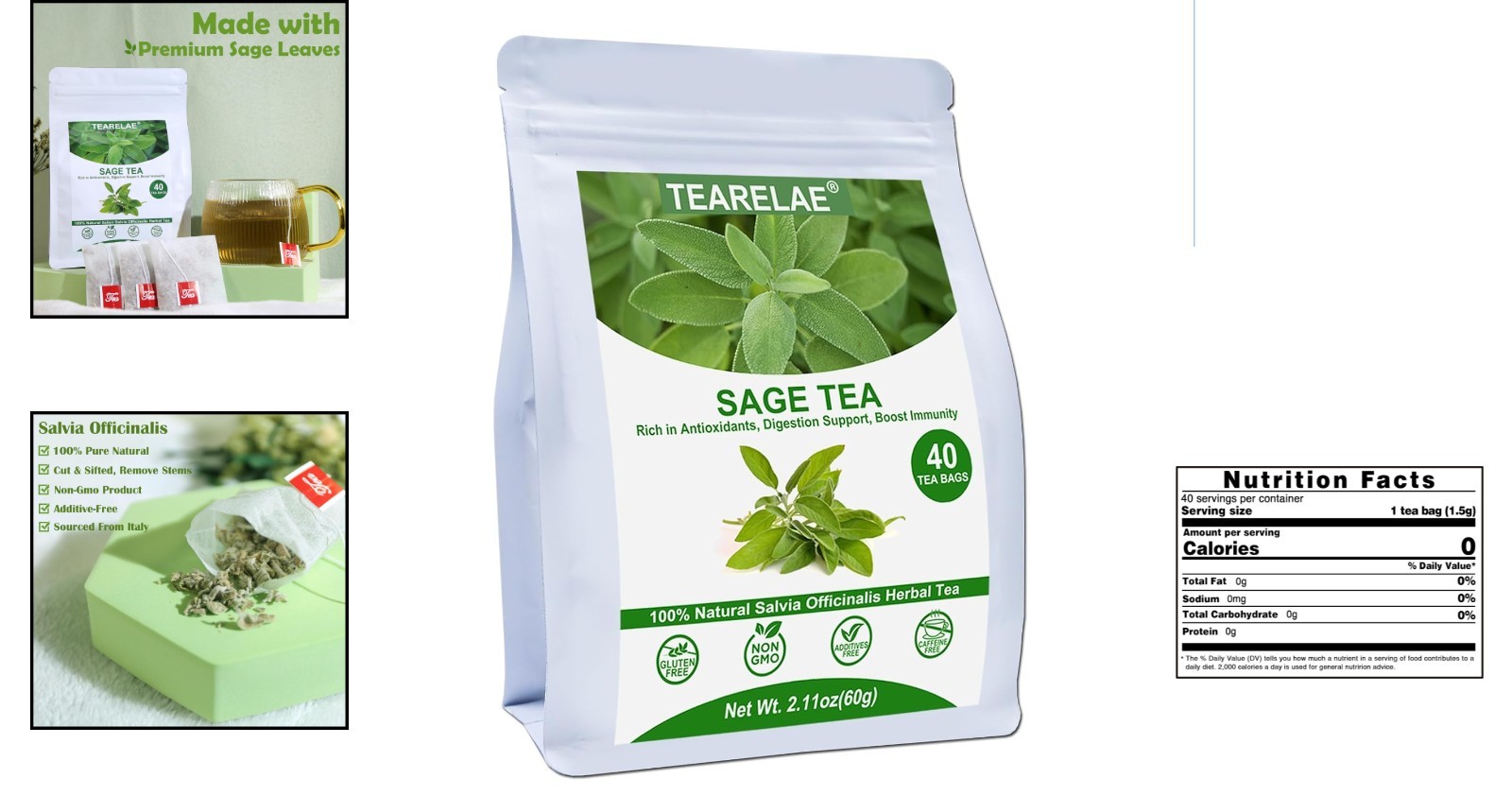 Sage Leaf Tea Bags – 40 Count – Revitalize Your Day with Natural Herbal Essence