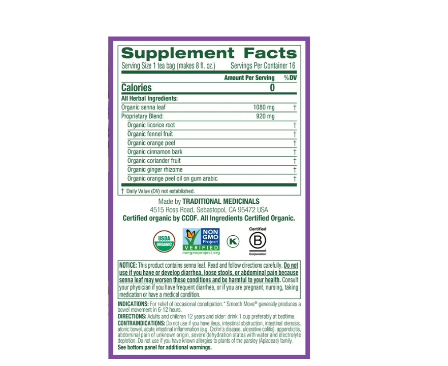 3 PACK Traditional Medicinals Tea,Organic Smooth Move Peppermint,Senna,16TeaBags