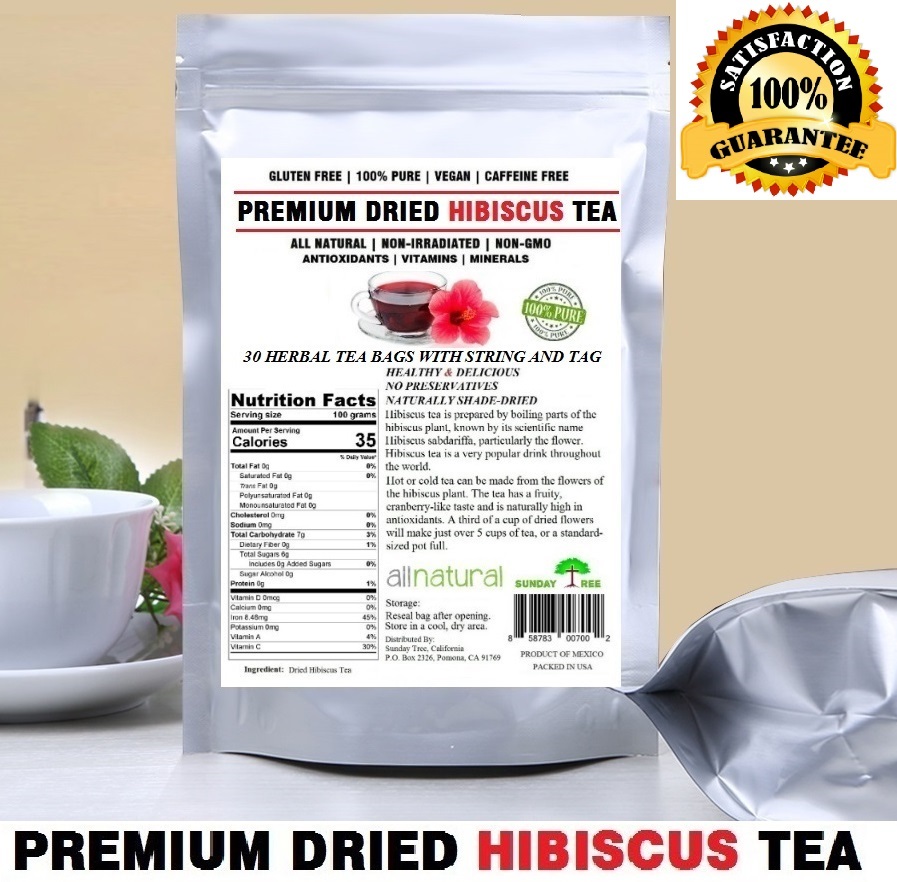 Hibiscus Tea 30 Bags 100% Natural Premium Antioxidant Rich Tea Resealable Pouch