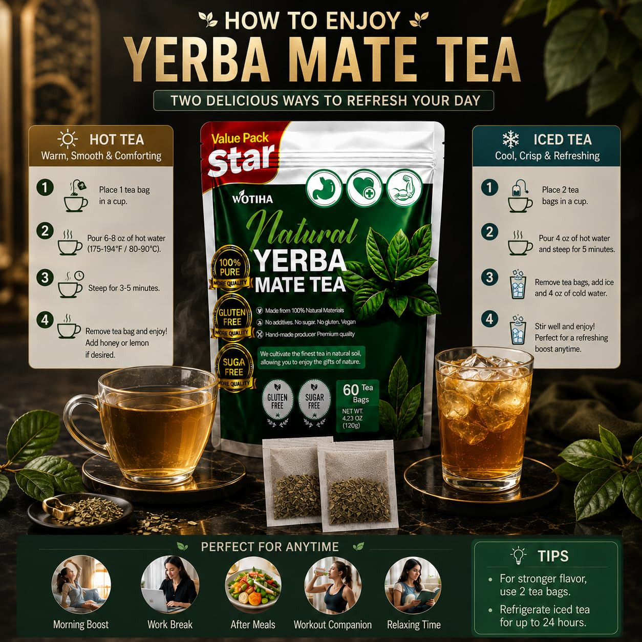 60 Count Premium Unsmoked Yerba Mate Tea Bags – Sourced from Argentina, 100% Pur