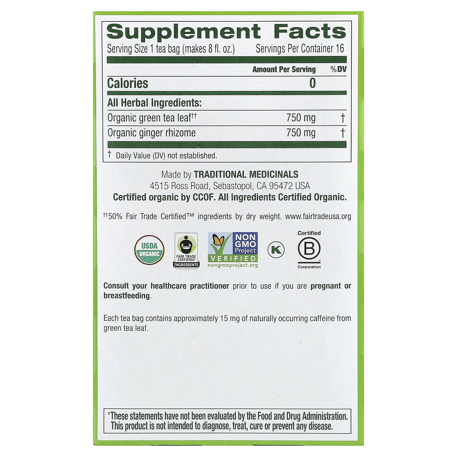 Organic Green Tea, Ginger, 16 Wrapped Tea Bags, 0.85 oz (24 g)