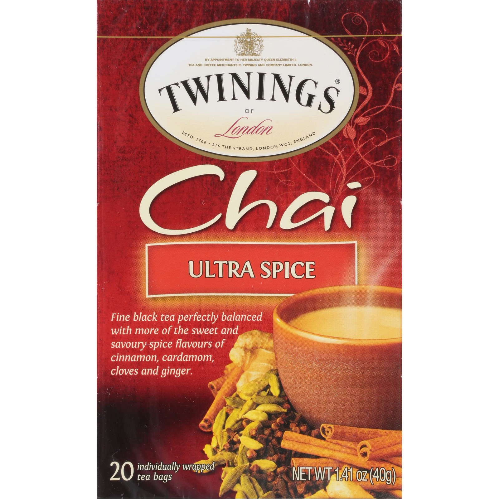 Twinings Chai Tea Bags 20 Count Spicy Black Tea with Cinnamon Ginger Cardamom