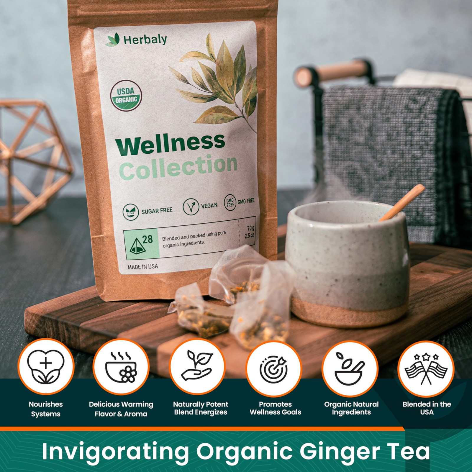 Herbaly Wellness Collection Organic Herbal Ginger Tea, 70 g, 28 Count Bag Pac…