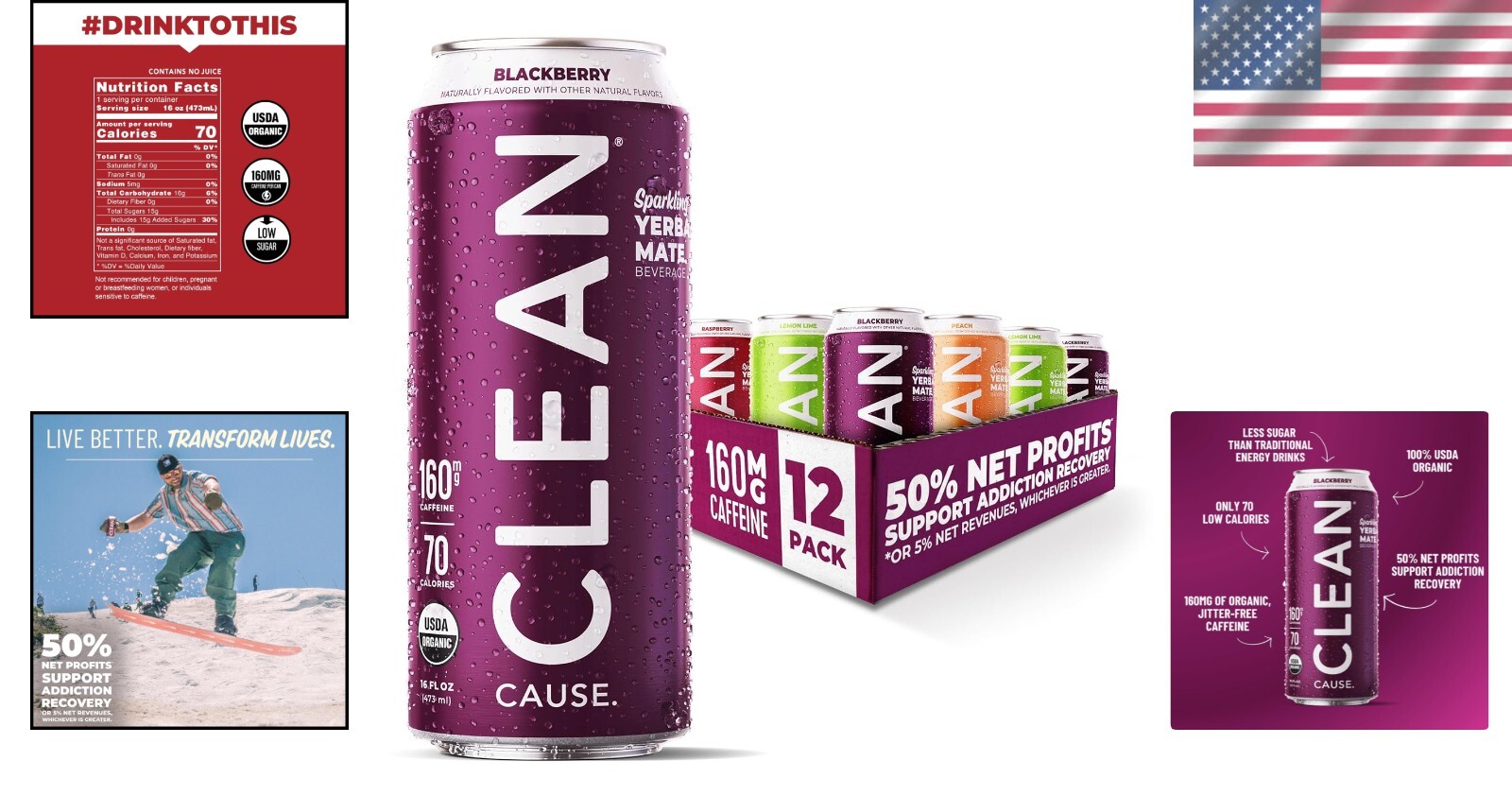 CLEAN Cause Organic Sparkling Yerba Mate 12-Pack – Low Cal, 160mg Caffeine/-