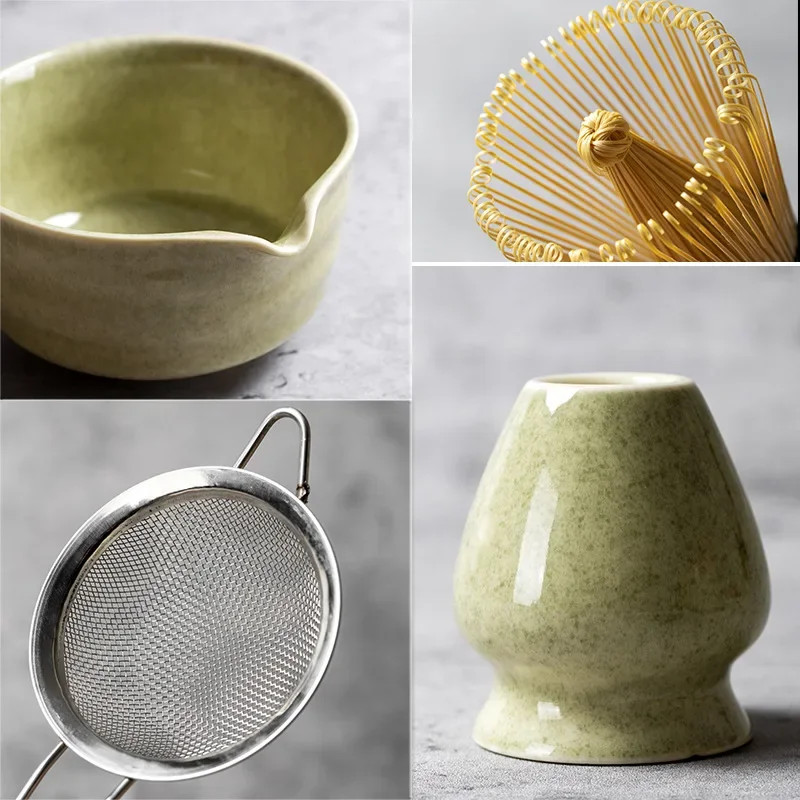 4PCS Matcha Set Bamboo Whisk Teaspoon Ceramic Bowl Tranditional Tea Sets Home Te