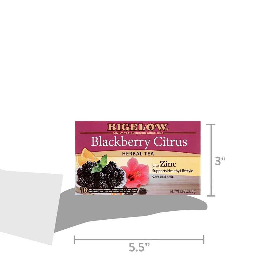 (4 pack) Bigelow Blackberry Citrus Plus Zinc, Herbal Tea Bags, 18 Count