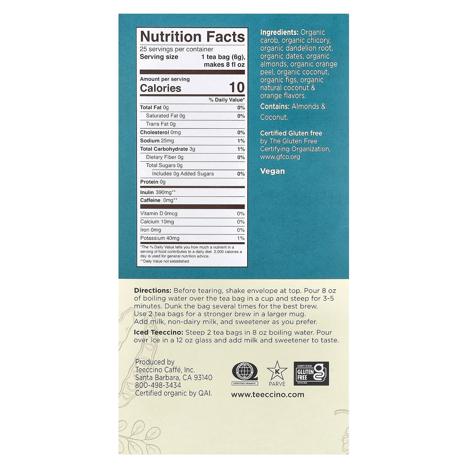 Roasted Herbal Tea, Dandelion Coconut, Caffeine Free, 25 Tea Bags, 5.3 oz (150