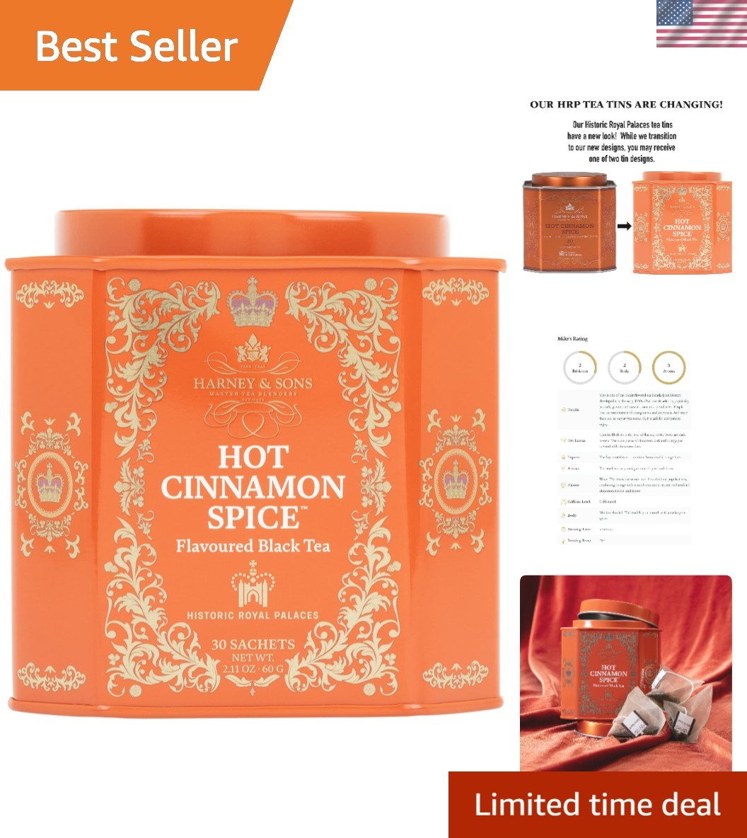 Cinnamon Orange Peel Black Tea in Classic Tin – 30 Sachets, Kosher Certified