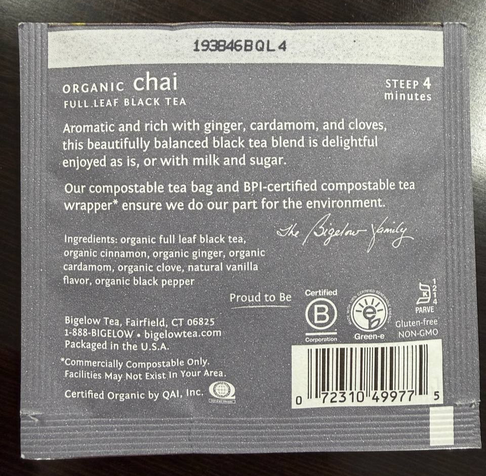 Organic 50 Individual SEALED Bags Steep By Bigelow Café Organic CHAI BLACK TEA