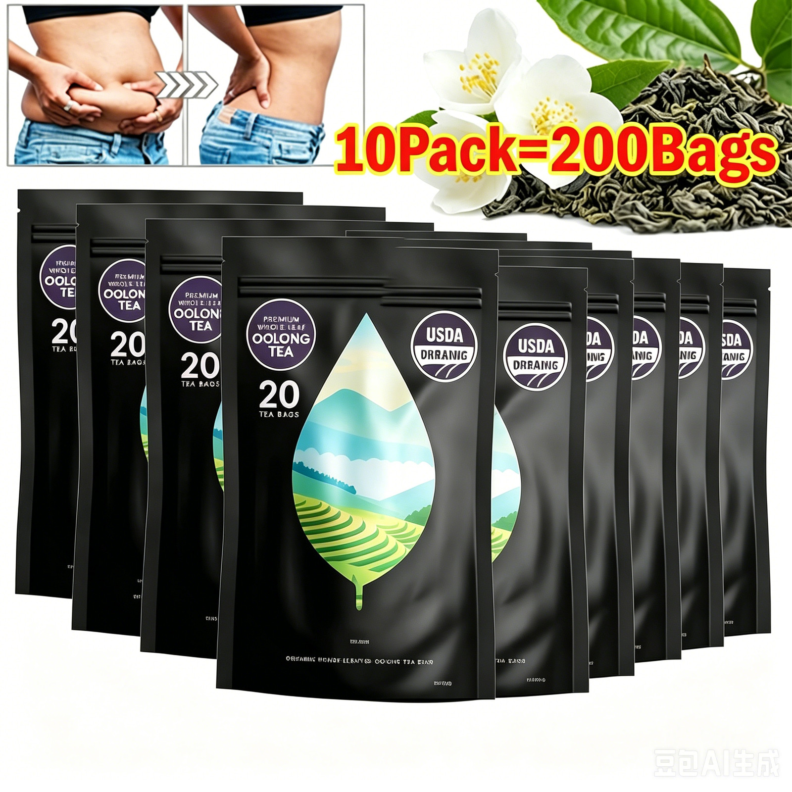 10 Packs PiPi Tea Organic Oolong Tea Bags Whole Leaf 20 Bags (4g Each) CortisorS