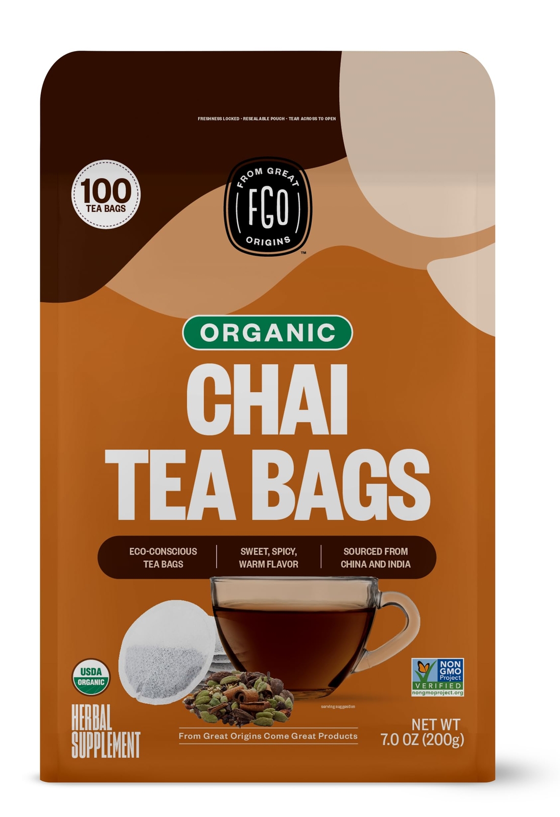FGO Organic Chai Tea Eco-Conscious Tea Bags 100 Count Packaging May Vary Pack…