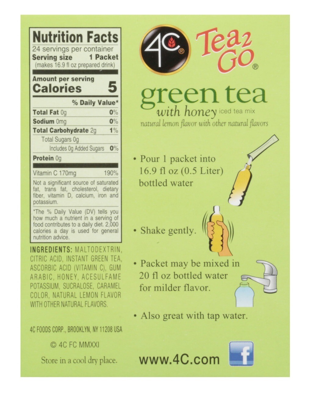 4C 24 Packets Tea2Go Green Tea with Honey Sticks