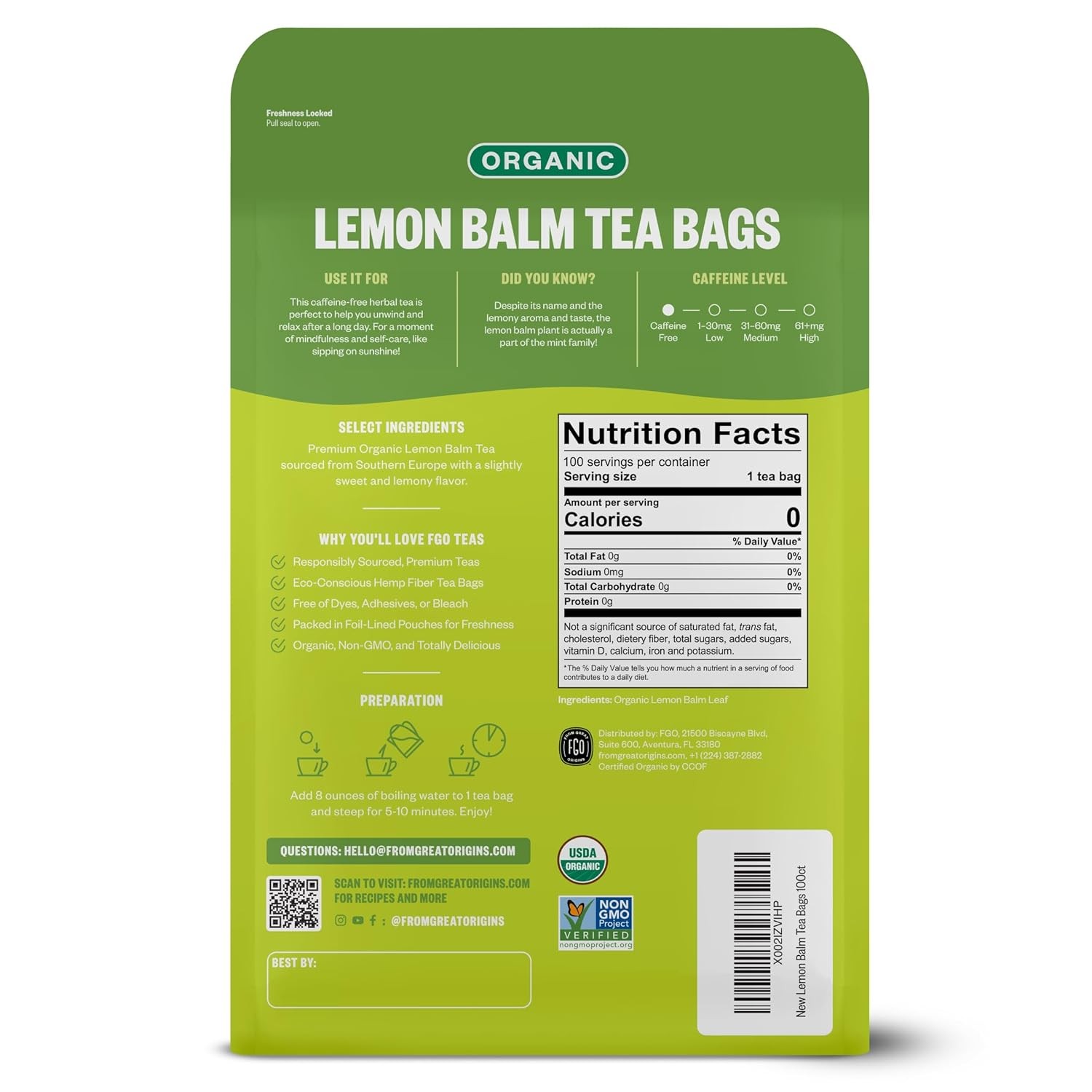 FGO Organic Lemon Balm Tea, 100 Count, Eco-Conscious Herbal Tea Bags, Resealable