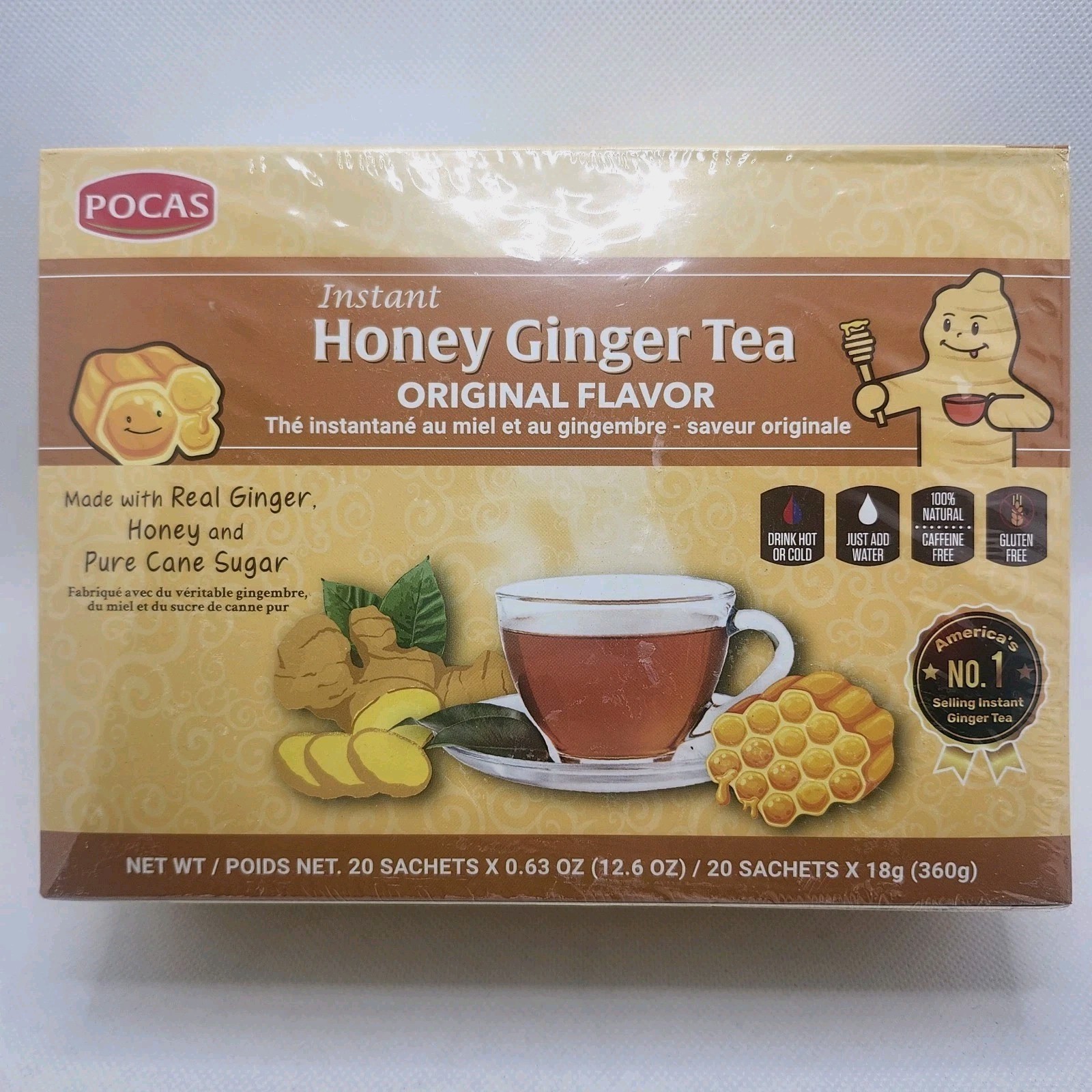 Pocas Honey Ginger Tea Original Flavor Instant No GMO Gluten Caffeine Free 20 Ct