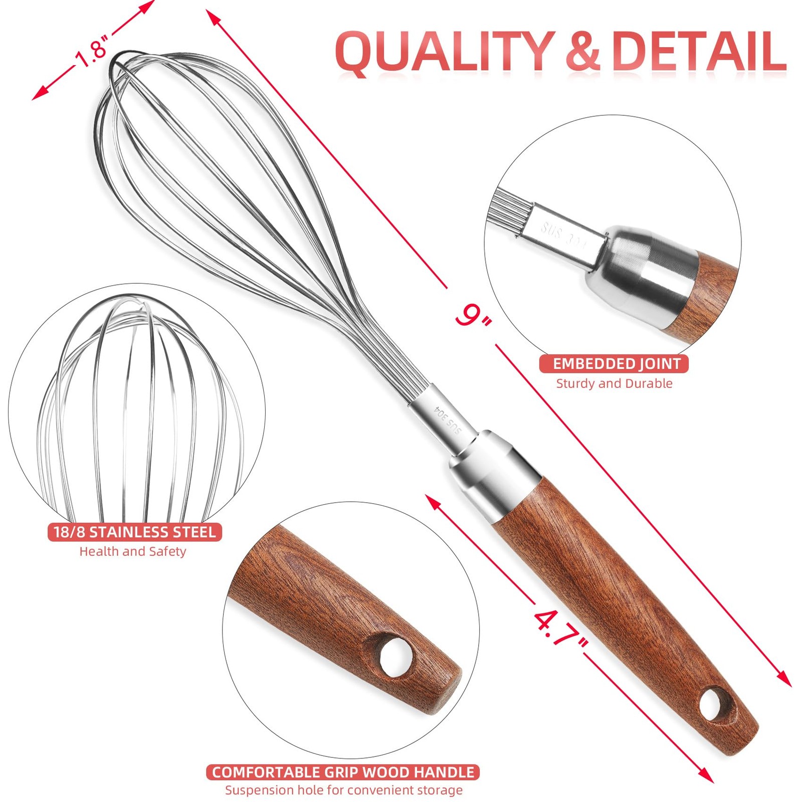 Stainless Steel Wire Whisk for Cooking- Wooden Handle 9″L x 1.8″W, Treestory
