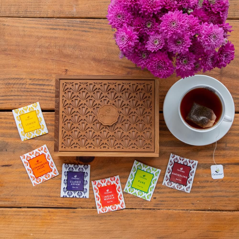 Octavius Tropical Palm Cutwork Wooden Tea Sampler Box | Premium Black & Green…