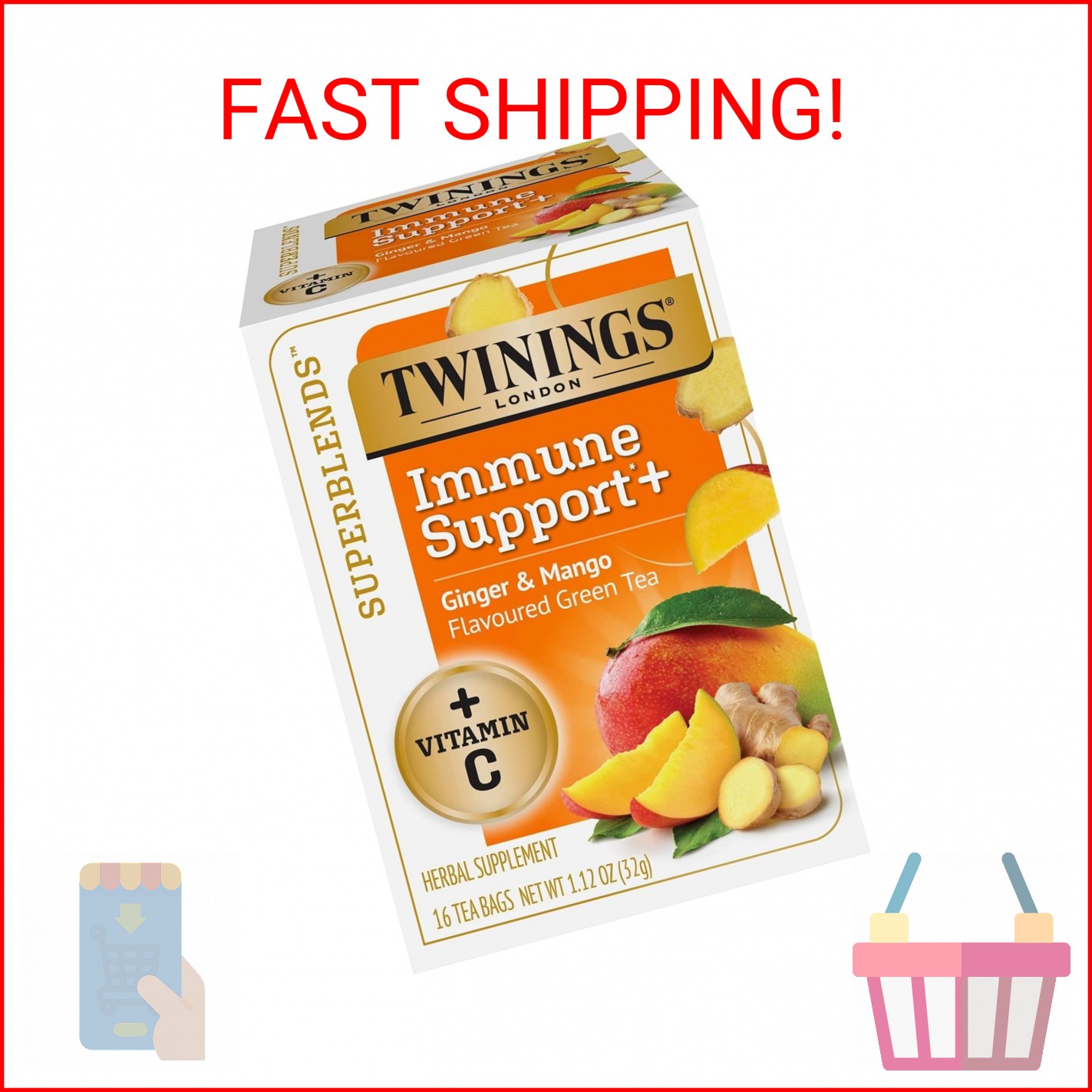 Twinings Superblends Immune Support+ Herbal Tea with Vitamin C, Ginger & Mango F