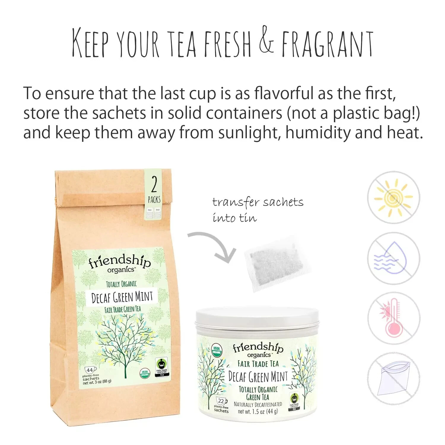 Decaf Green Mint Tea Bags, Organic and Fair Trade 22 Count