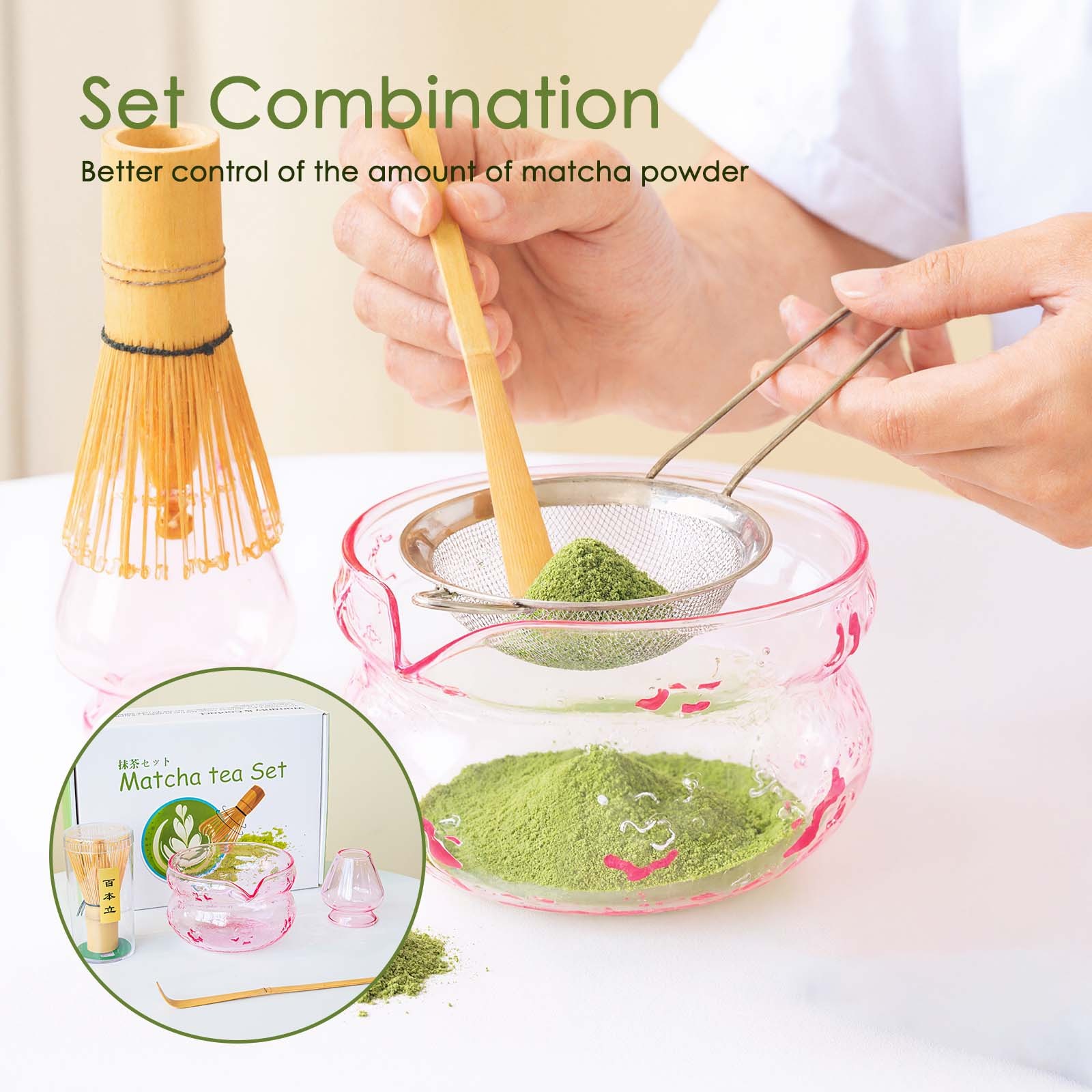 7Pcs Matcha Whisk Set Glass Matcha Tea Set Includes Matcha Bowl with Spout Scoop