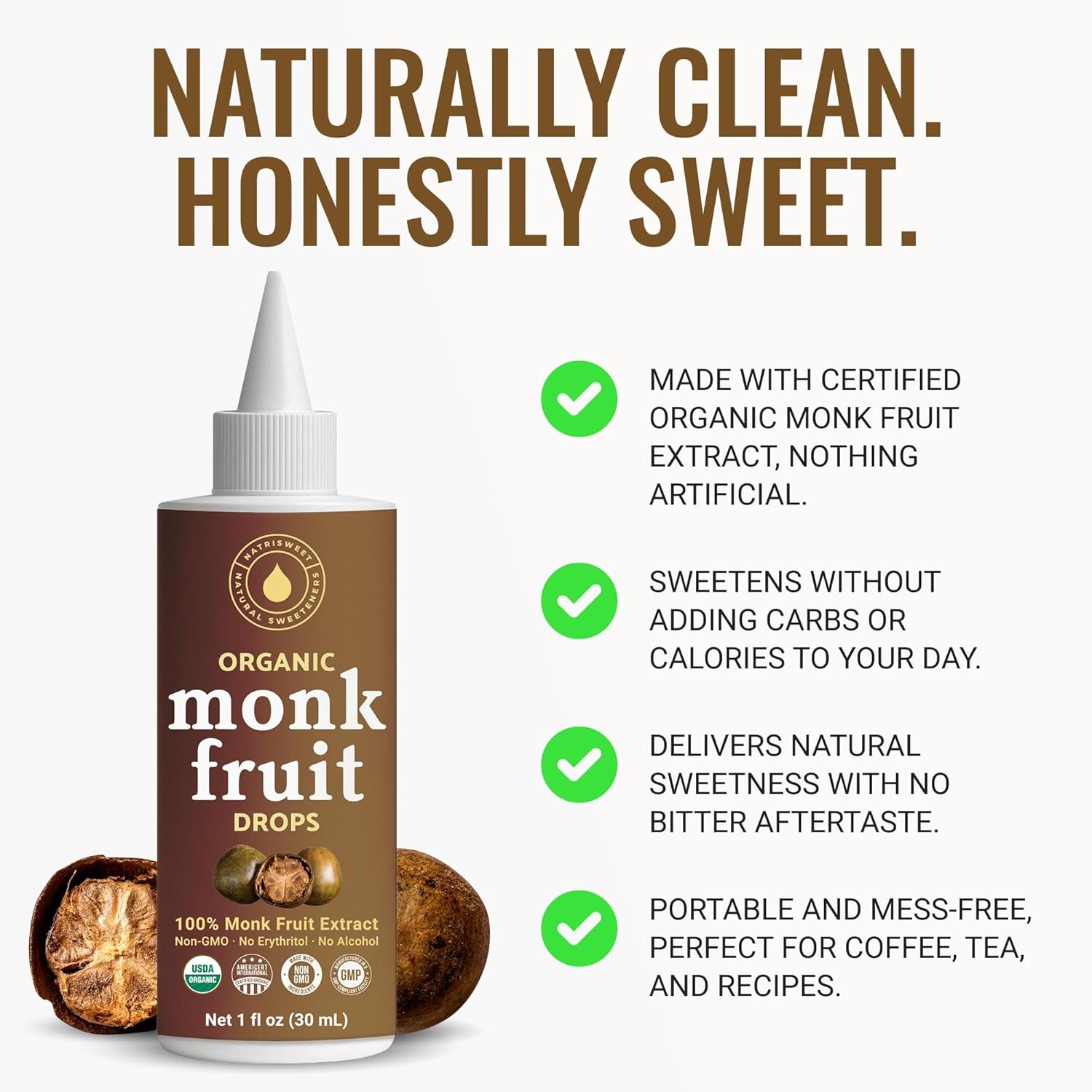 Organic Monk Fruit Liquid Sweetener Drops 100% Pure Extract Zero Sugar 1 fl oz