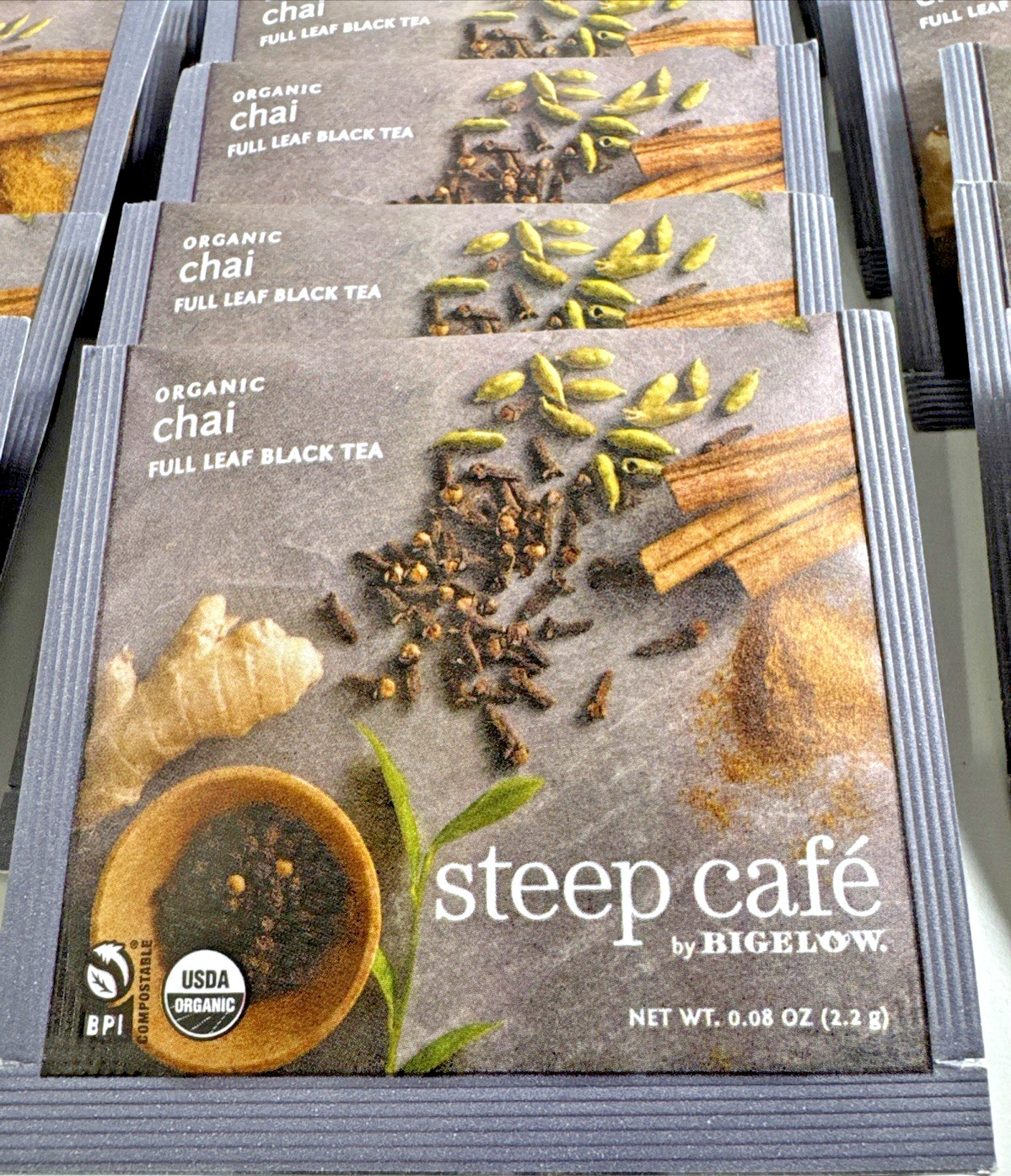 NEW 50 Individual SEALED Bags Steep By Bigelow Café Organic CHAI BLACK TEA