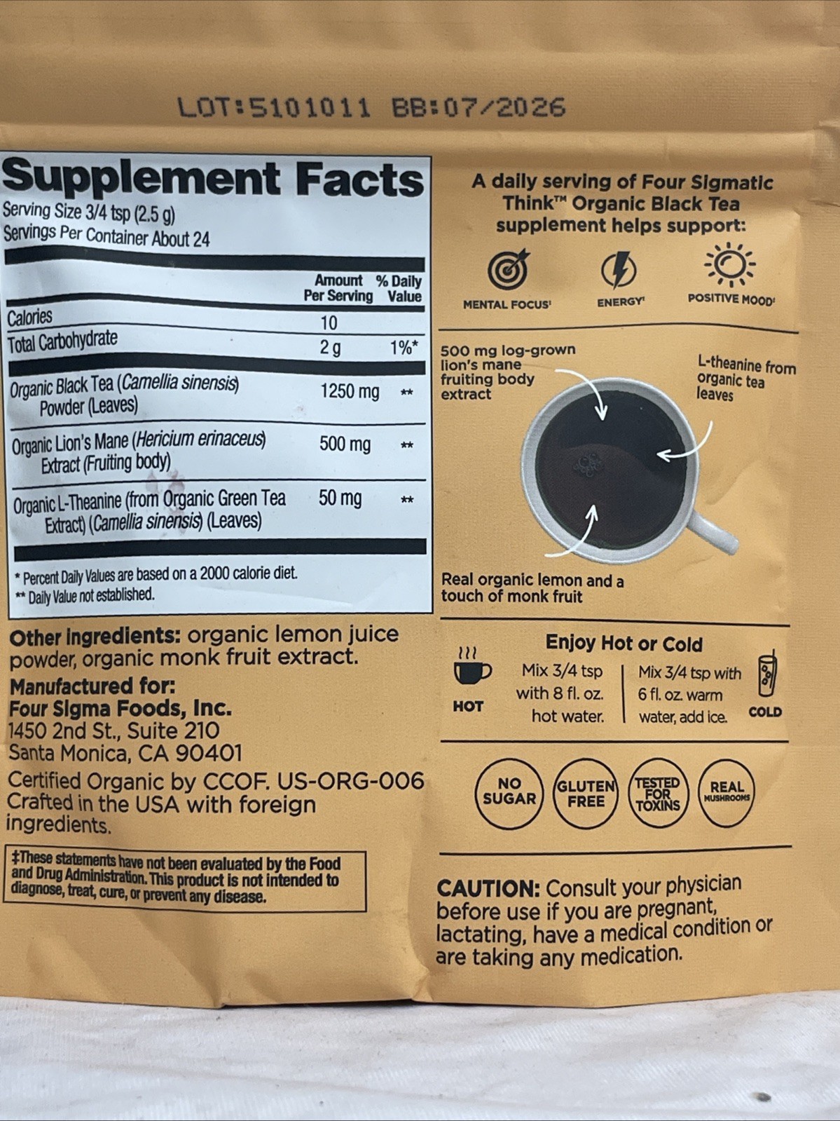 Four Sigmatic Think Organic Black Tea Lemon 6 Pack Lions Mane Focus Energy