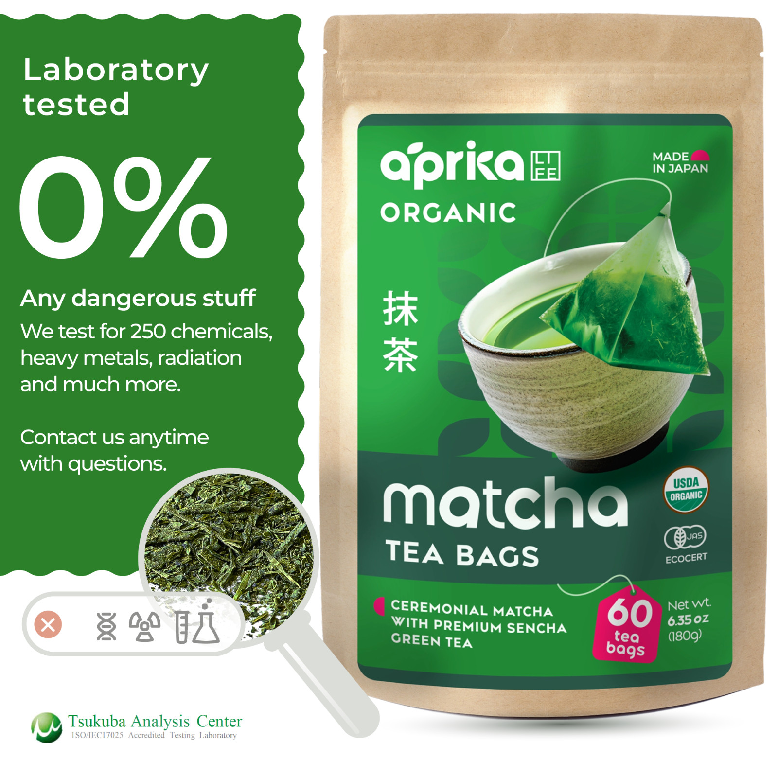 Matcha Green Tea, 60 bags, 100% Pure Japanese Tea, USA seller, 0 sugar
