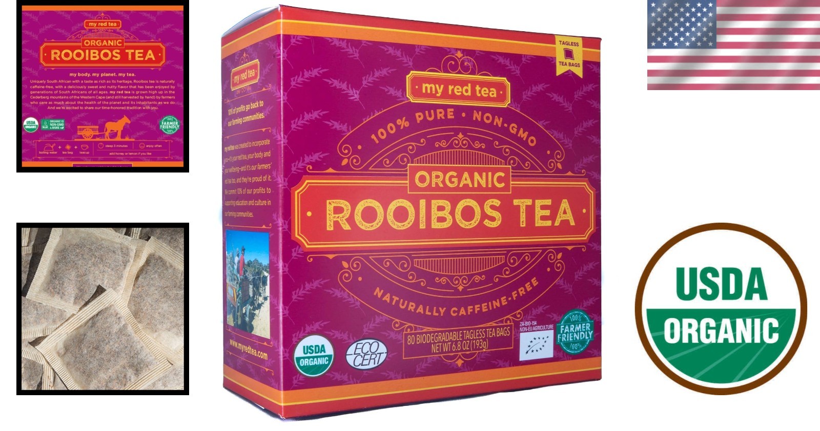 USDA Organic Rooibos Tea – Caffeine Free, Antioxidant-Rich Teabags – 80 Count