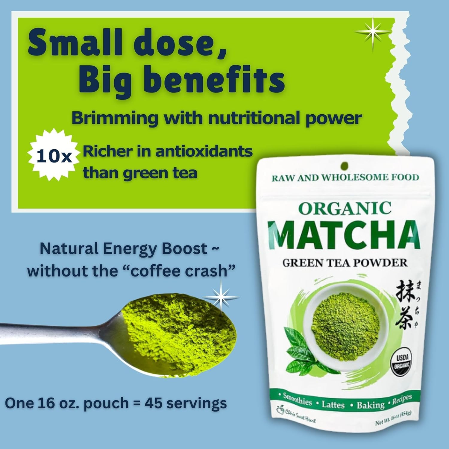 Cherie Sweet Heart Organic Matcha Green Tea Powder – Premium Culinary Grade, Aut