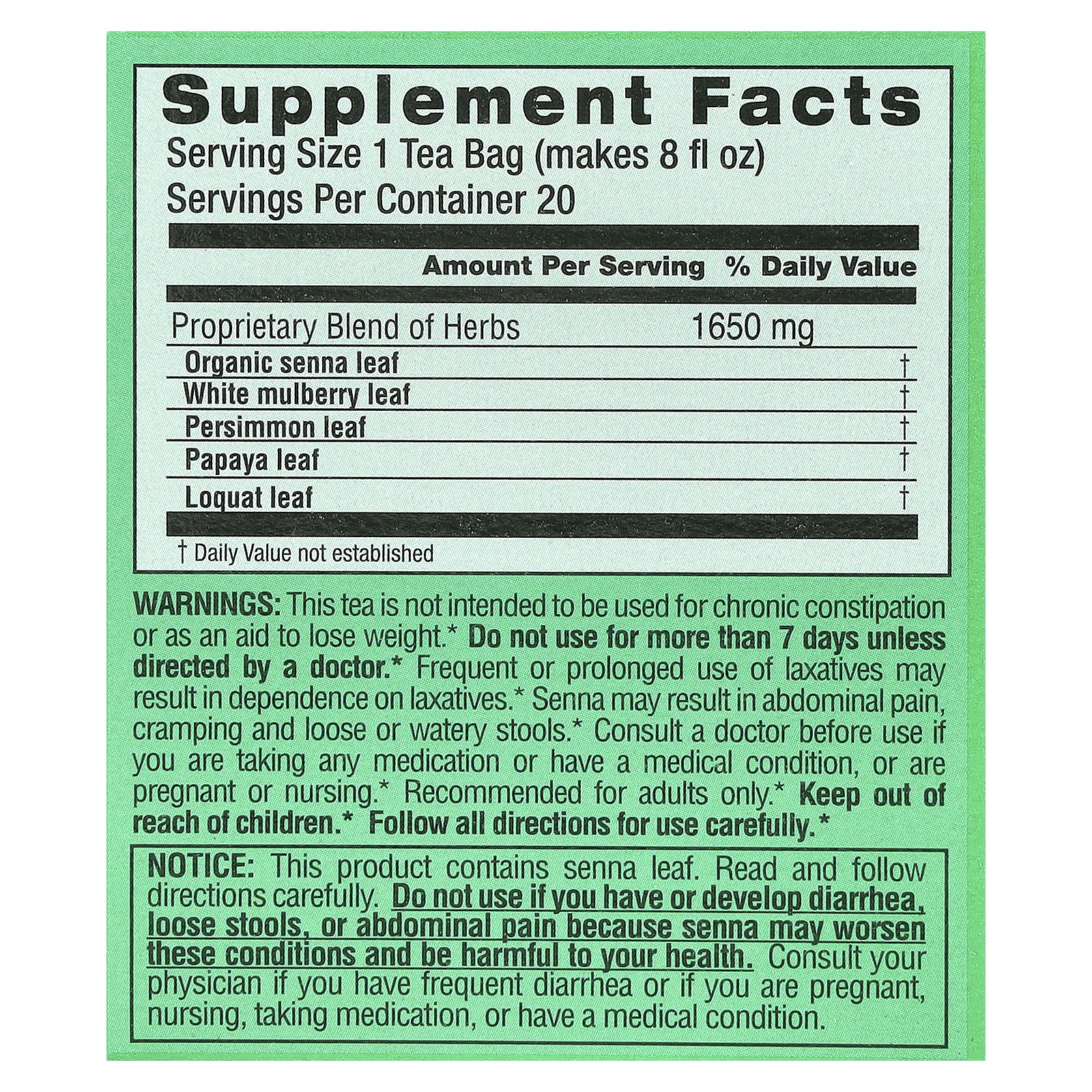 Ultra Slim, Herbal Tea, With White Mulberry Leaf, Caffeine-Free, 20 Tea Bags,