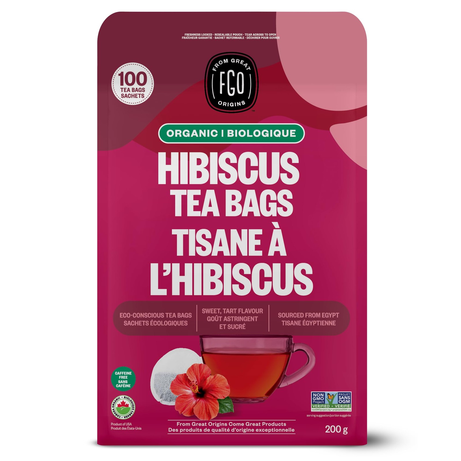 Organic Hibiscus Tea, 100 Count, Eco-Conscious Tea Bags, Caffeine Free, Packa…
