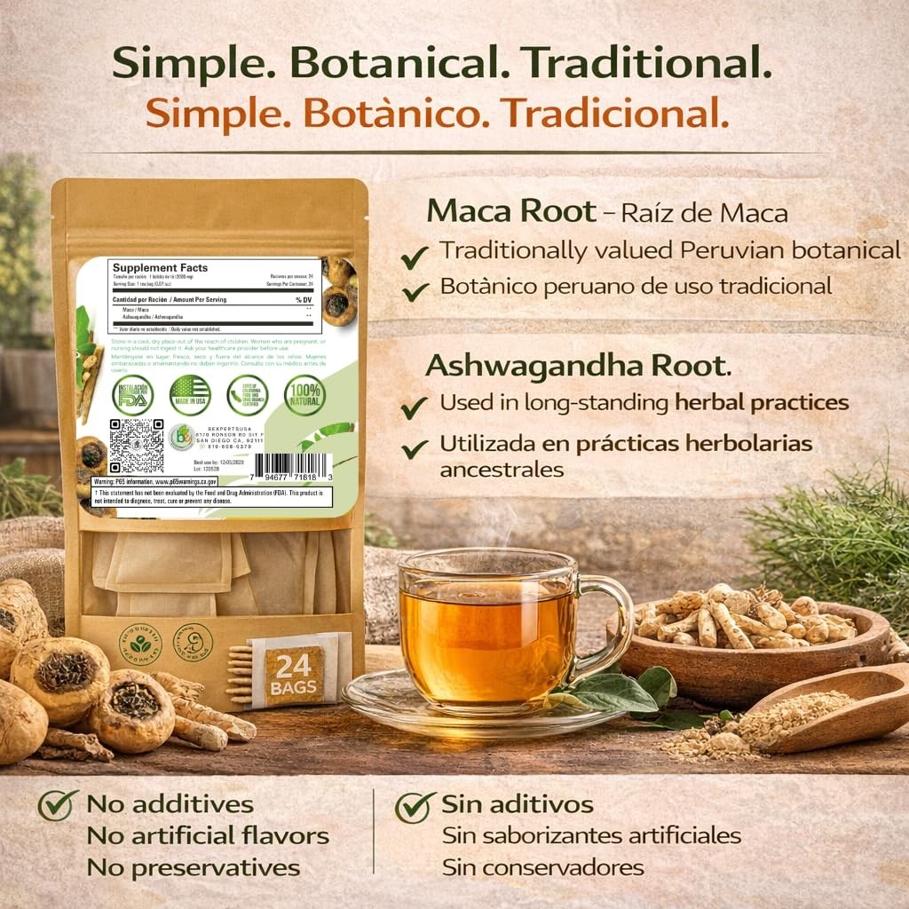 Maca & Ashwagandha Herbal Tea (24 Tea Bags) – 2000mg Each – Traditional Vitality