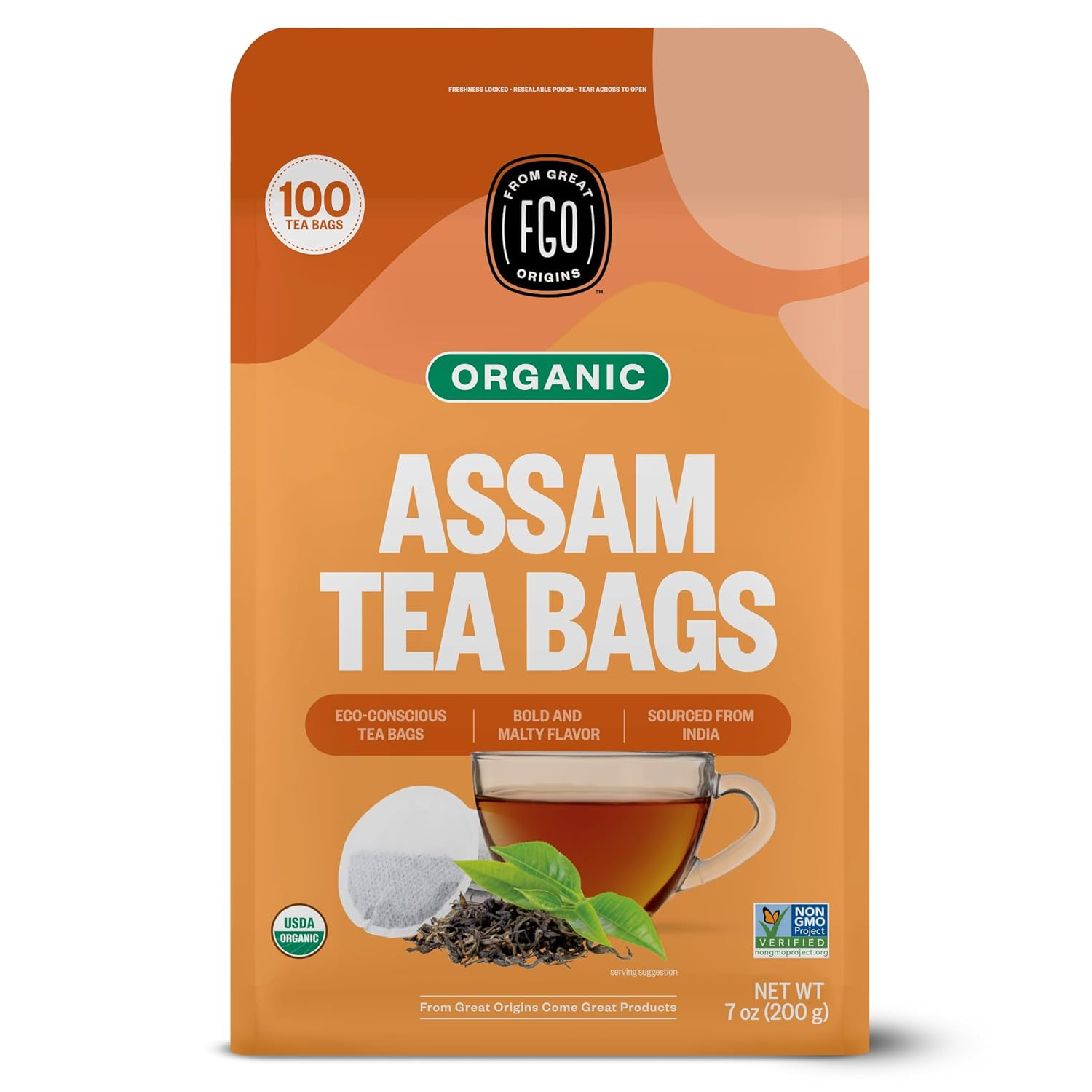 Organic Assam Tea, 100 Count, Eco-Conscious Black Tea Bags, Resealable Bag, Pack