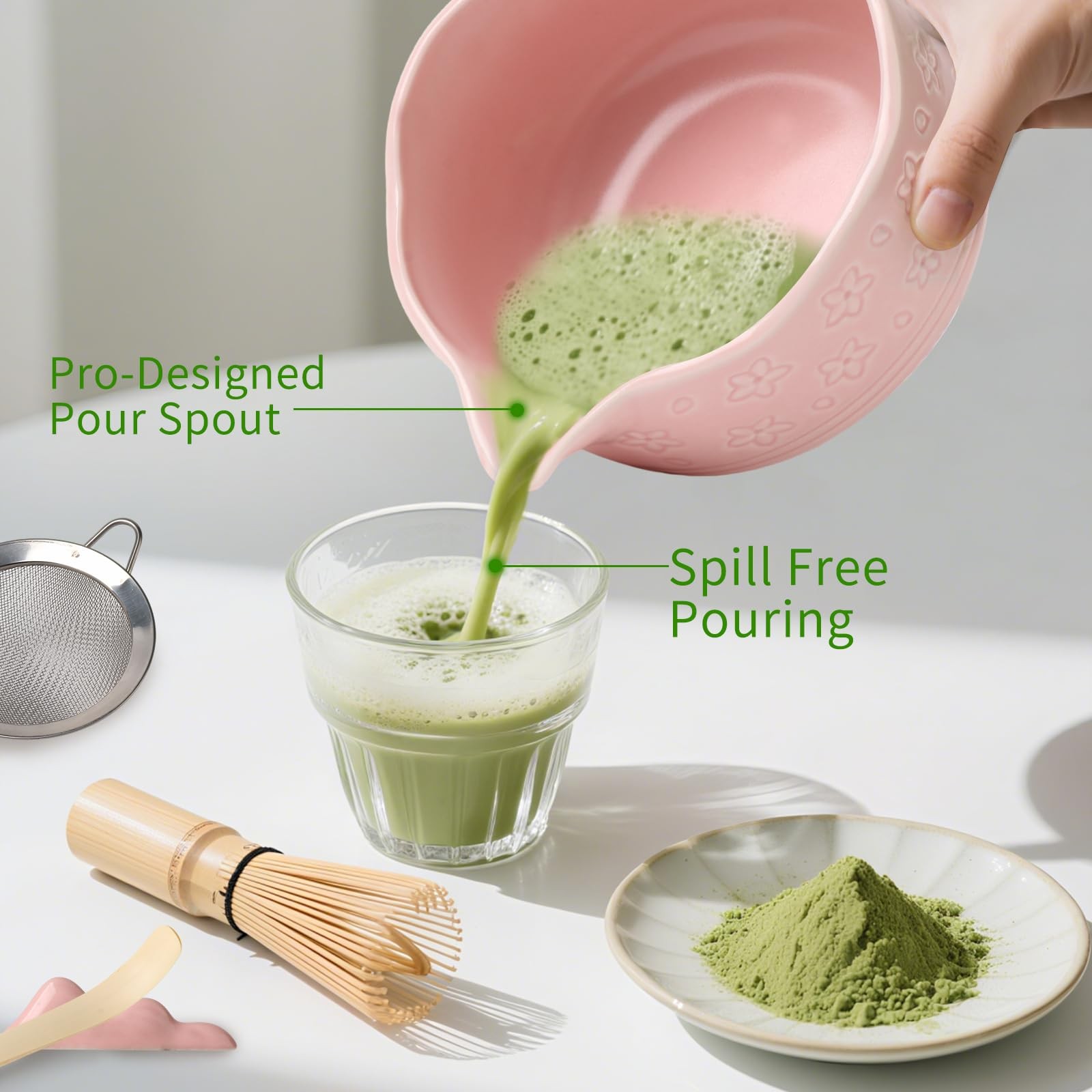 Matcha Whisk Set, Japanese Ceramic Matcha Bowl with Spout, Bamboo Whisk, Sift…