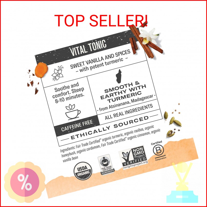 Numi Tea Organic Amber Sun Turmeric Tea, 15 Herbal Tea Bags, Caffeine Free