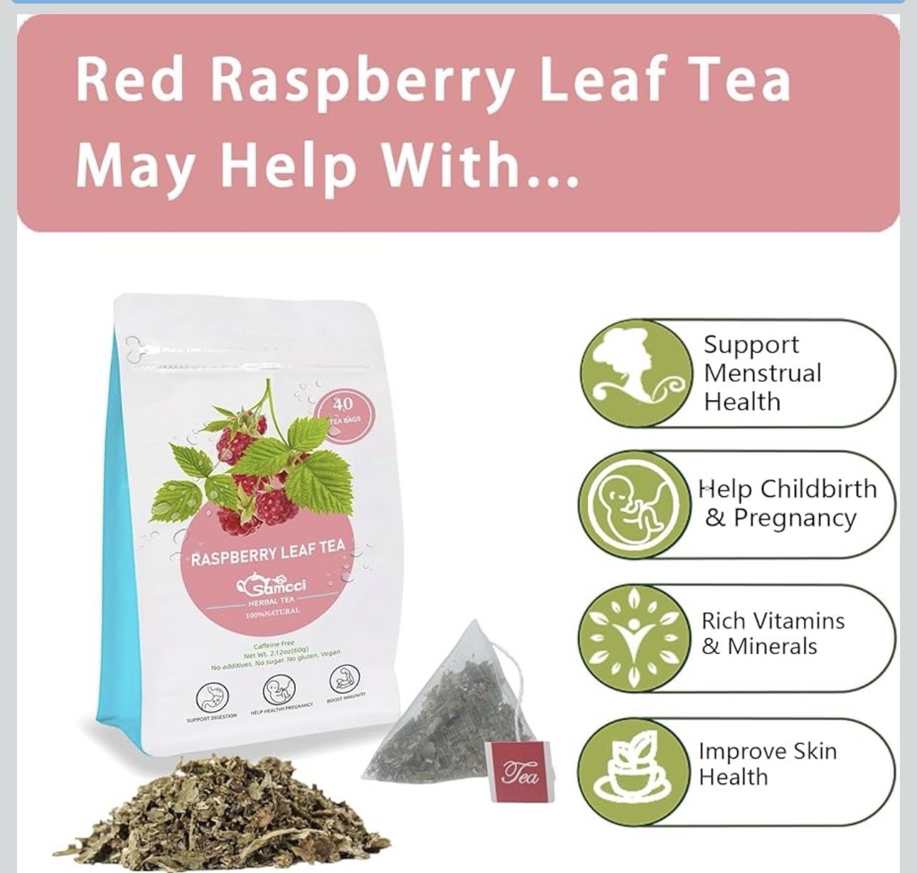 Samcci – Raspberry Leaf Tea Bag, 40 Teabags – Natural Pregnancy Tea