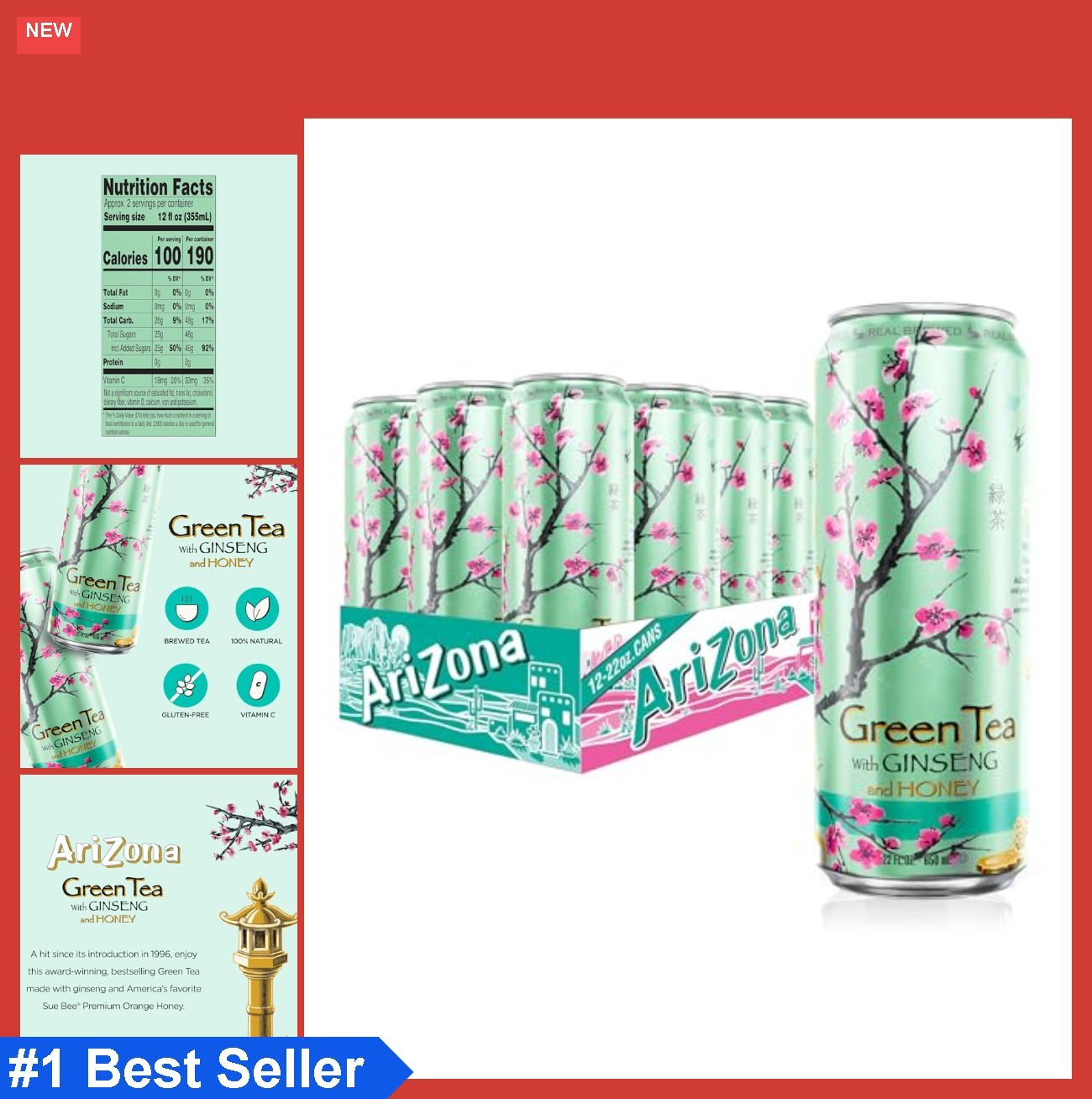 AriZona Green Tea with Ginseng and Honey – Big Can, 22 Fl Oz (Pack of 12)