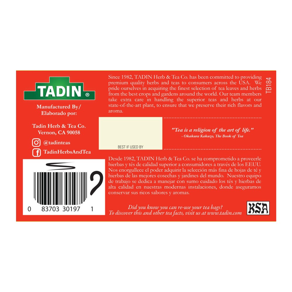 Tadin Turmeric Herbal Tea Blend. Immune System Boost. 24 Bags. 0.84oz. Pack of 3
