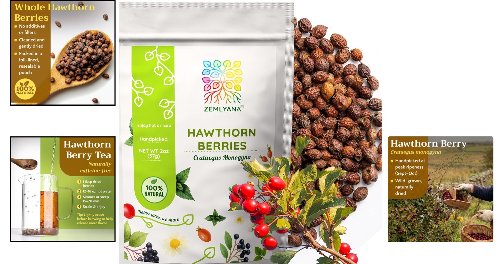 Caffeine-Free Hawthorn Berry Tea – Whole Dried Berries, 2oz for Relaxation