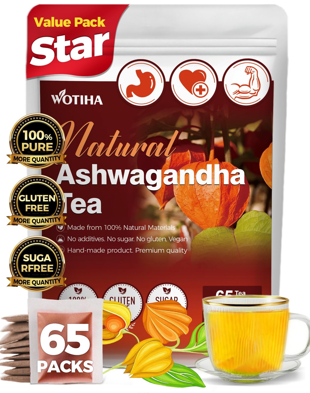 Premium Ashwagandha Root Tea Bags 65 Count, 5.04 oz Natural Adaptogen for St…