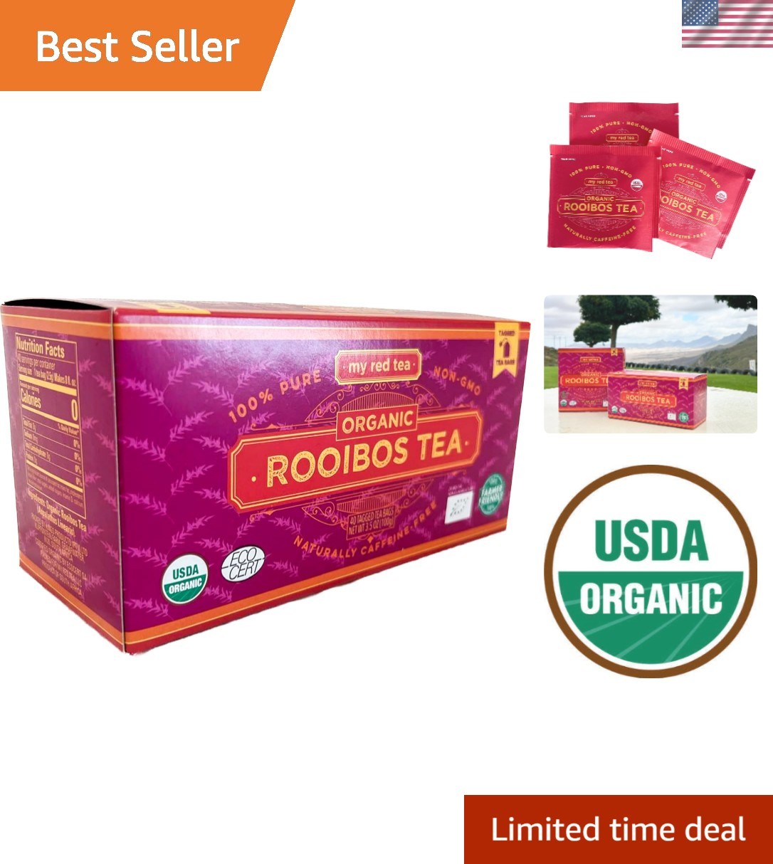 40 Count of Organic Rooibos Tea Bags – Natural, Sweet Flavor & Immune Support