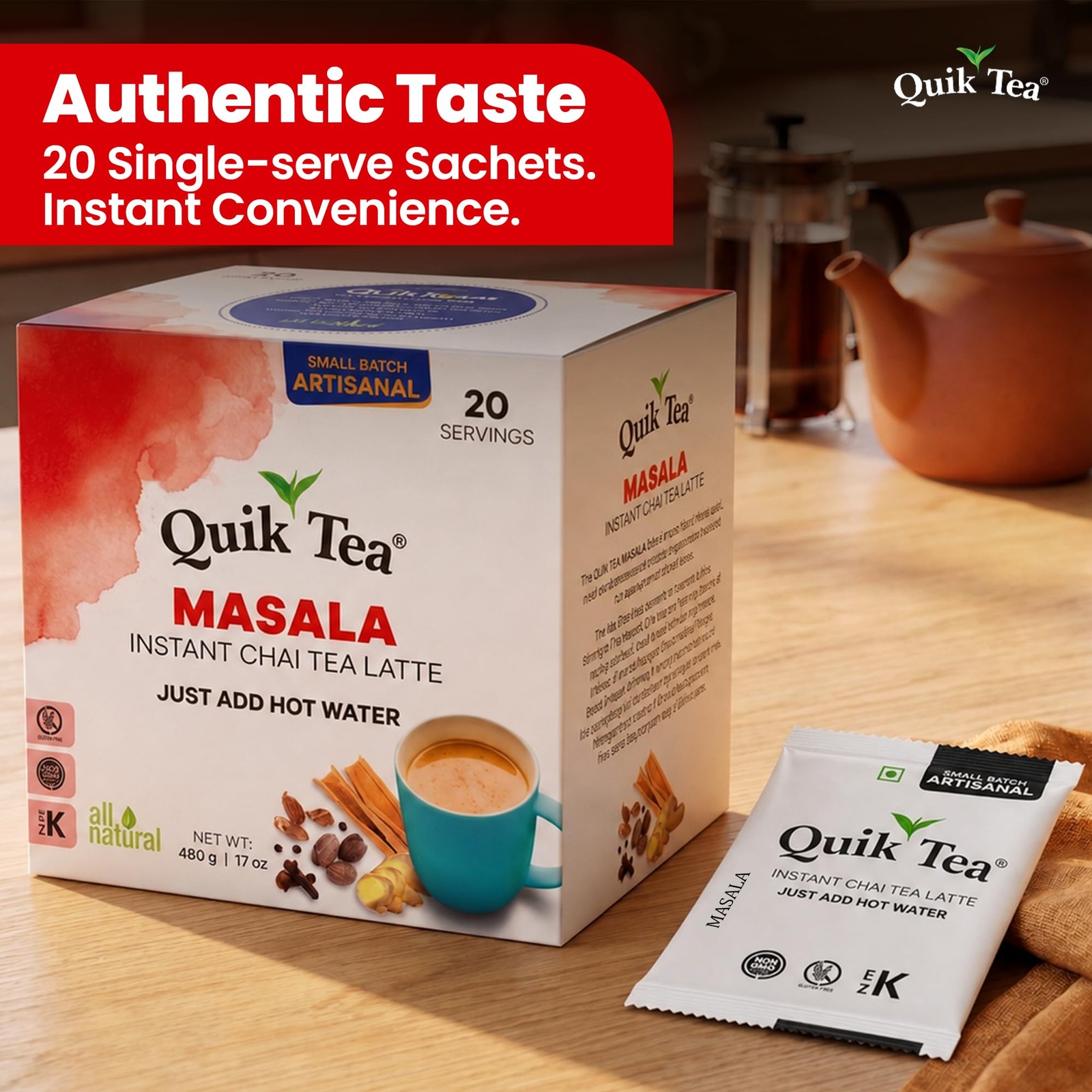 QuikTea Instant Masala Chai Tea Latte, 20 Single-Serve 20 Count (Pack of 1)