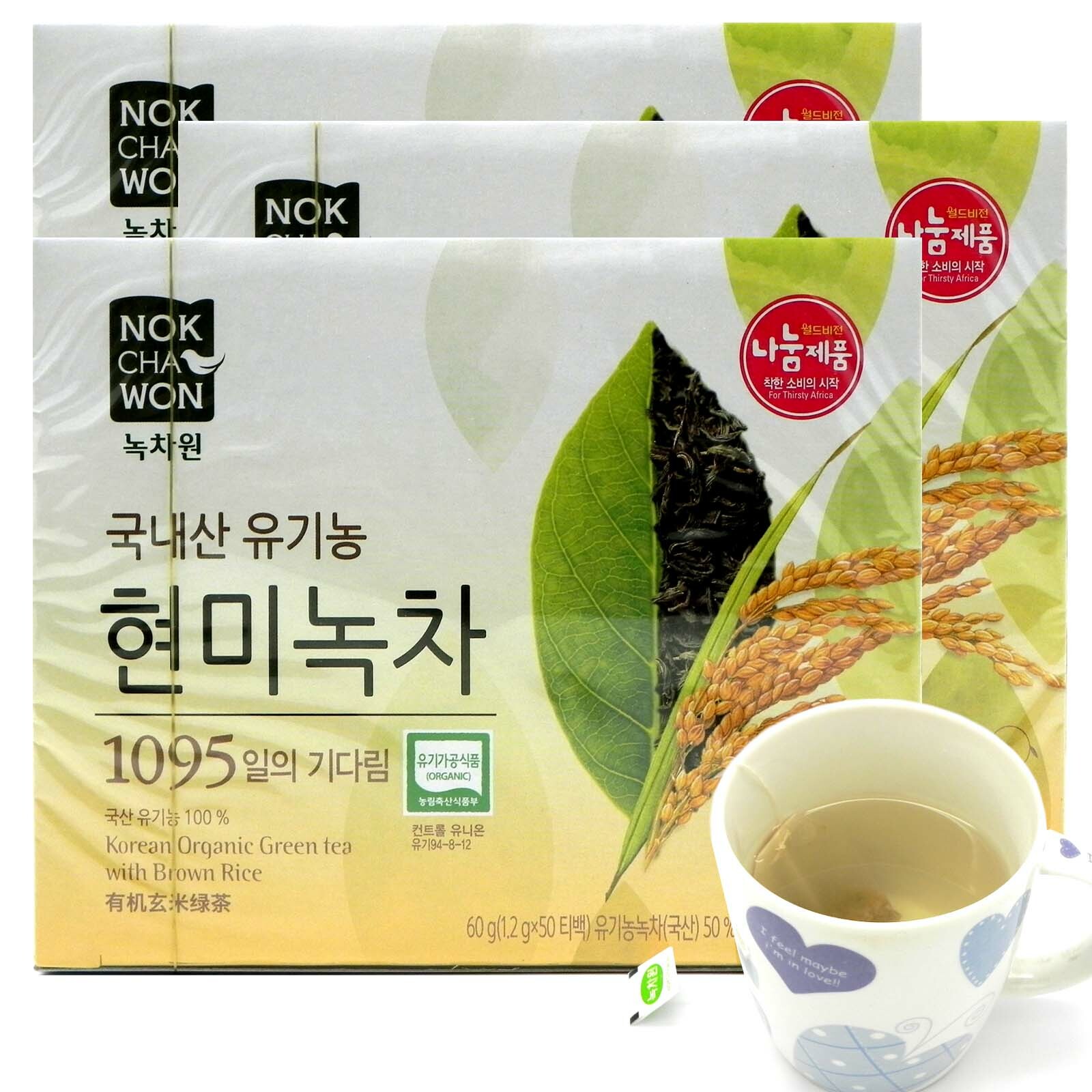 NOKCHAWON Korean Organic Green Tea with Brown rice 150 Tea bags (50 Tea x 3 Box)