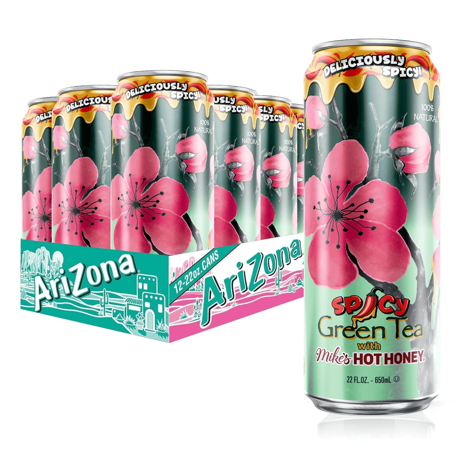 AriZona Spicy Green Tea with Mikes Hot Honey – Big Can, 22 Fl Oz (Pack of 12)