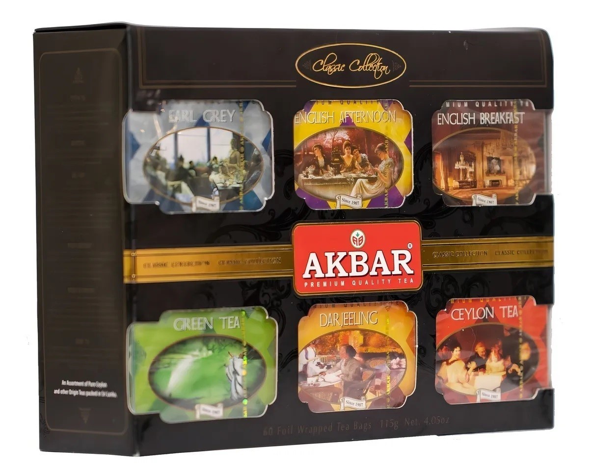 Akbar Classic Collection 60 Foil Tea Bags 115g – 5 Ceylon Tea Varieties Gift Box