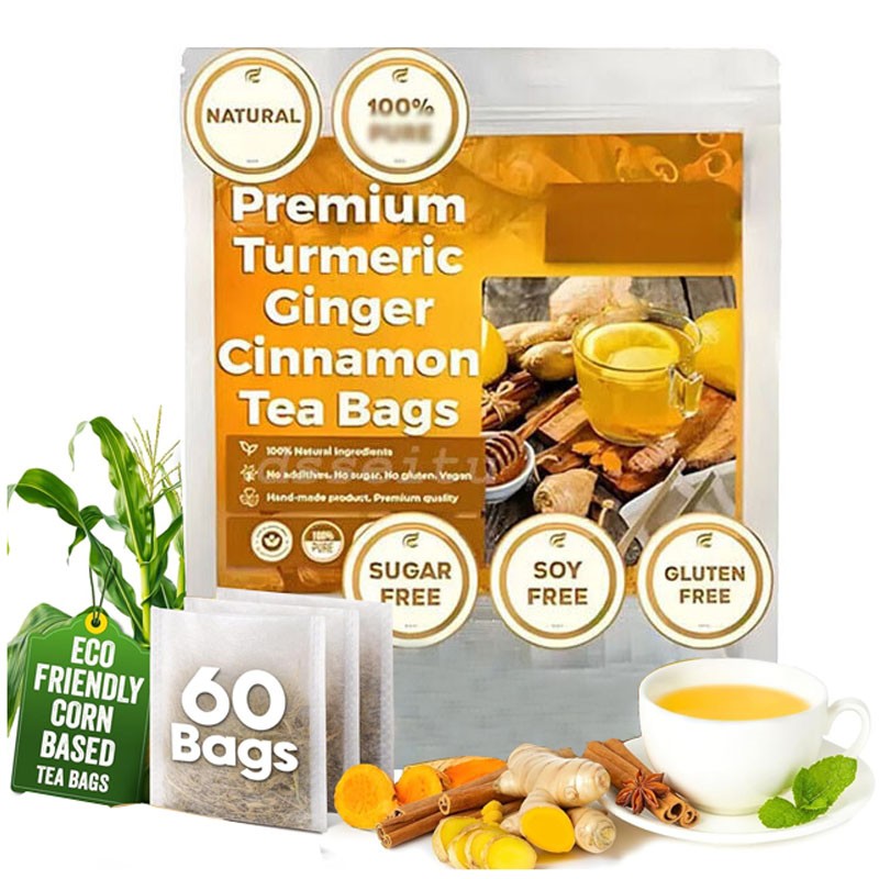 Turmeric, Ginger, Cinnamon Tea Bags, 100% Natural & No Additives & Caffeine Free