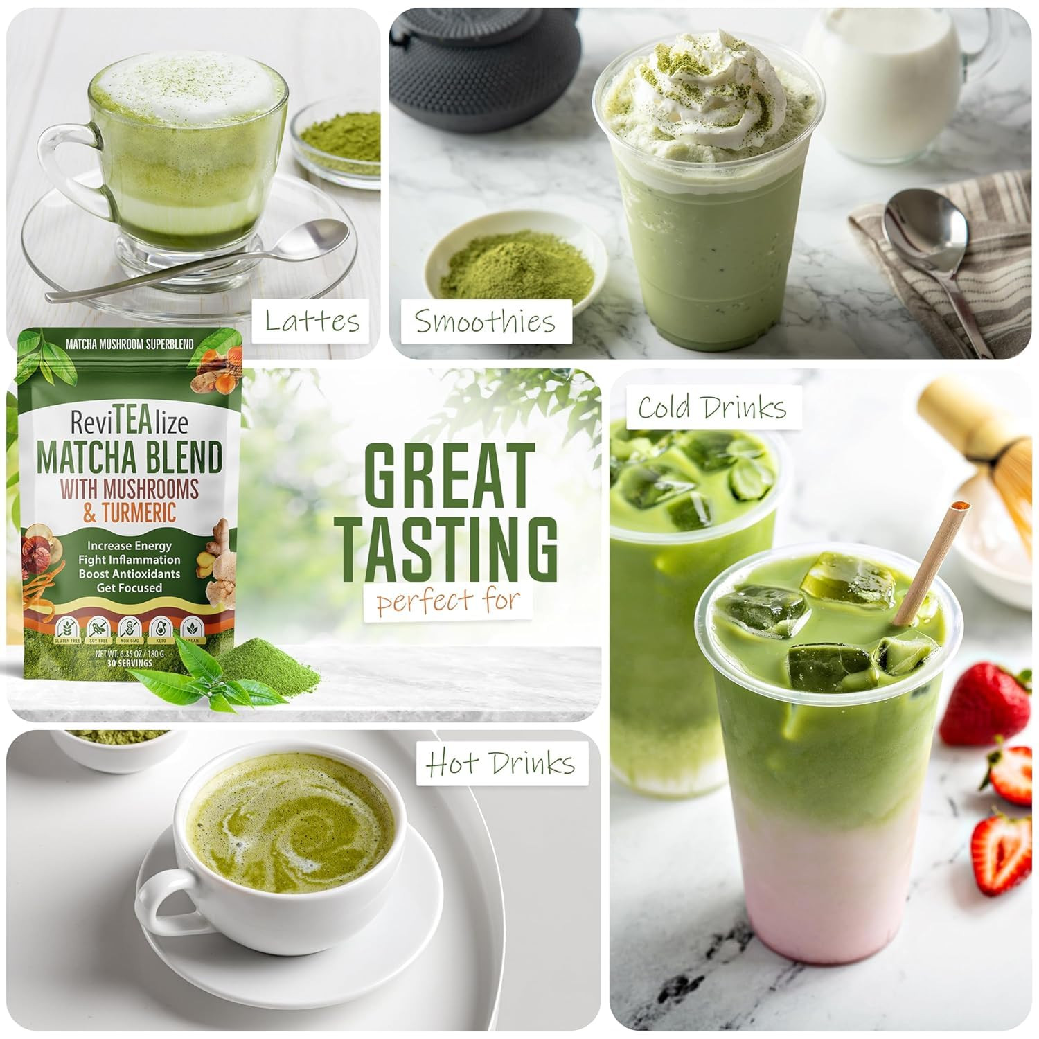 Revitalize Organic Matcha Mushroom Powder – 60 Servings, Coffee Alternative Latt
