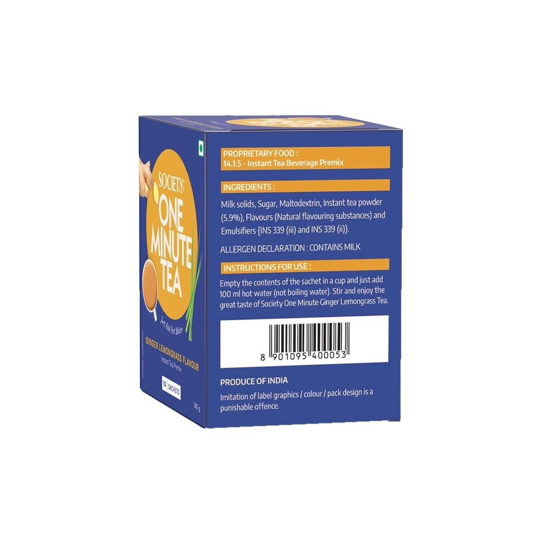 Society One Minute Tea Ginger Lemongrass Instant Premix 10 Sachets Spiced Chai