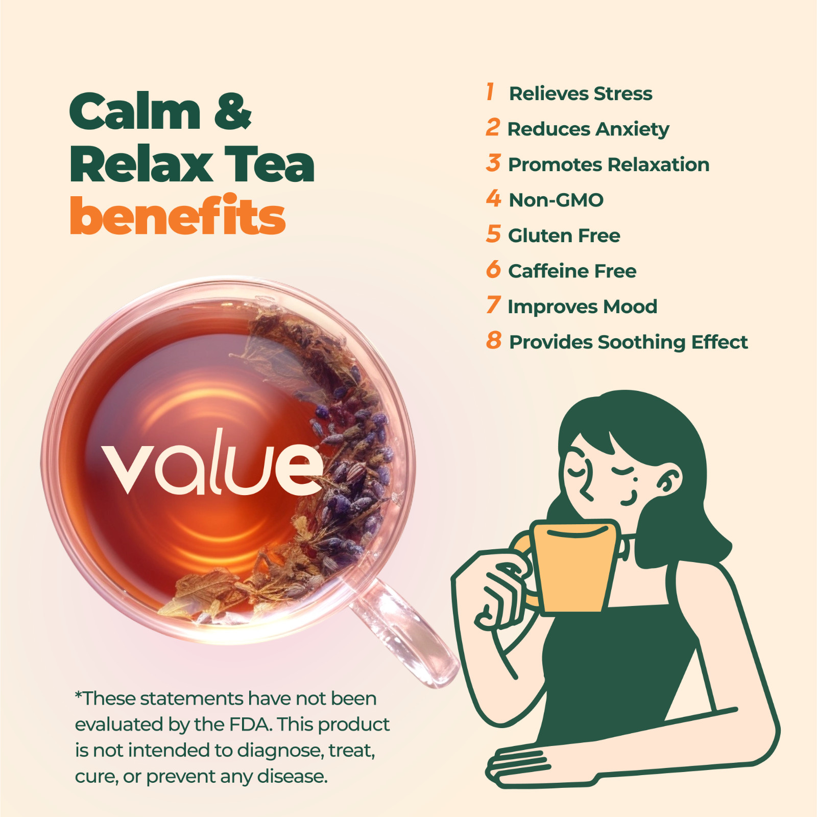 Calm & Relax Herbal Tea for Stress Relief and Relaxation, 60 bags, USA seller